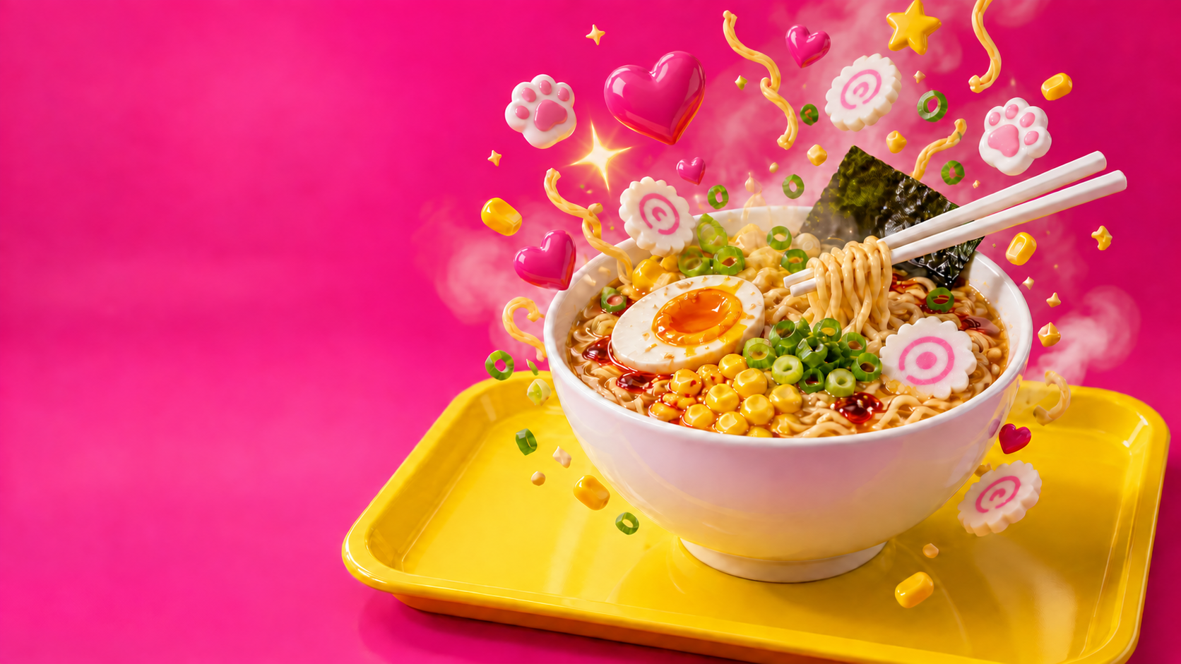 Λευκό bowl με ramen πάνω σε κίτρινο δίσκο, με χαρούμενα pop σύμβολα